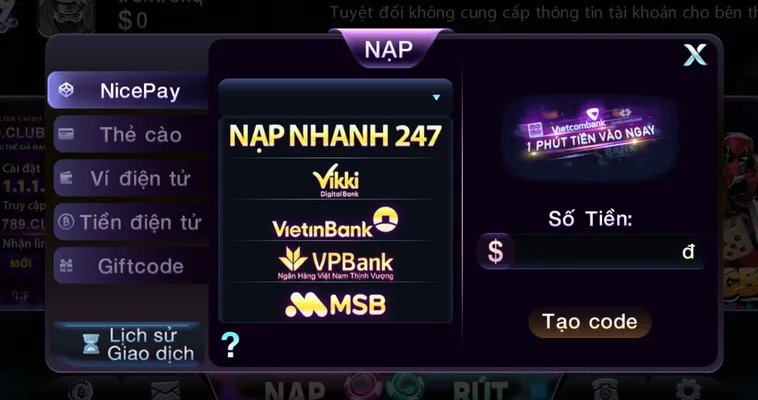 Nạp Tiền Nhanh Qua Ngân Hàng Tại 789Club Siêu Tốc Gia Tăng Ngân Sách Chinh Phục Mọi Ván Cược Lớn