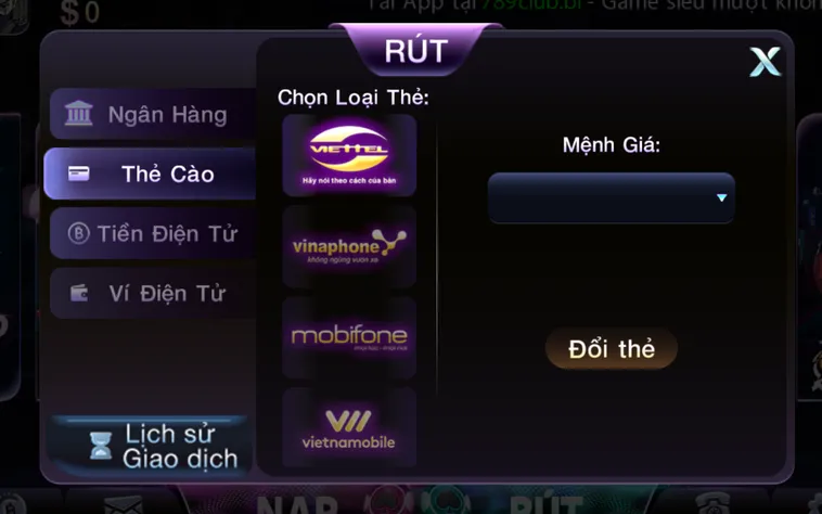 Rút tiền bằng thẻ cào một trong những phương thức được ưu tiên lựa chọn tại 789Club.